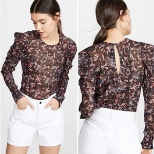 IRO Paris Lou Sheer Black Floral Long Puff Sleeve Tunic Top